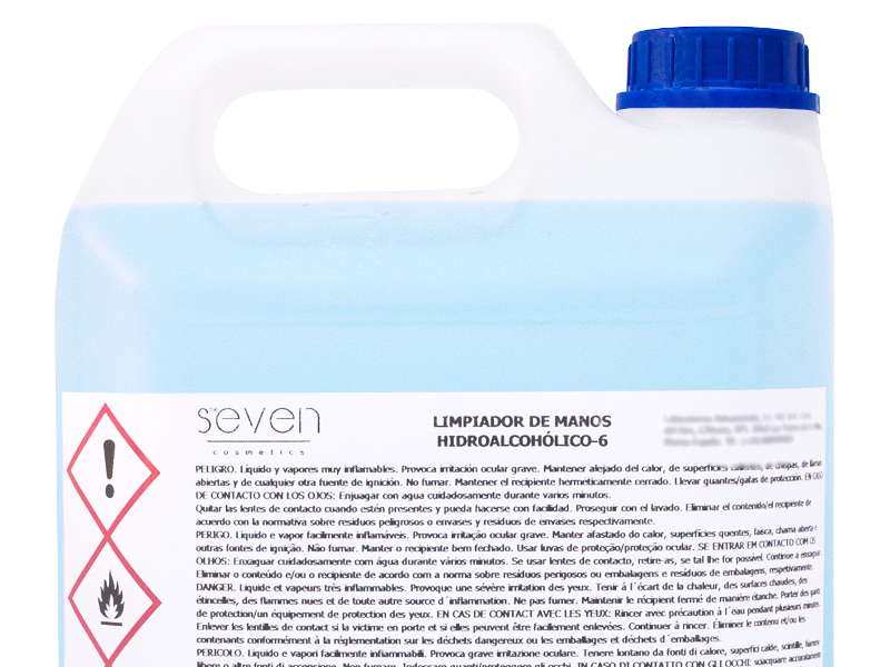 Garrafa gel hidroalcohólico 5 Litros de Seven Cosmetics. Catálogo Limpieza  Dispensadores jabón . Catálogo CRISOL.